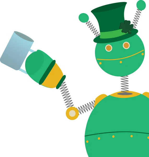 Green retro style springy robot wearing clover hat and holding beer glass — Stock Vector