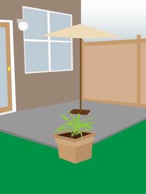 Residential backyard enclosed courtyard umbrella and plant editable vector clipart