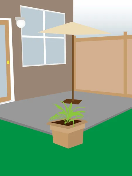 Residentiële achtertuin ingesloten binnenplaats paraplu en plant bewerkbare vector — Stockvector