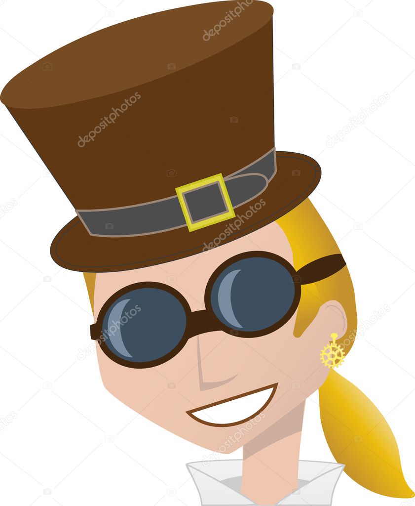 Blondie female steampunk woman wearing gear earring, top hat and goggles, neck up, editable vector illustration