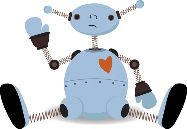孤独的蓝色机器人的心坐同时挥舞着可悲的是可编辑矢量图 — 图库矢量图片