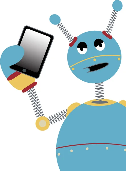 Upset Bitter Robot Holding Tablet Editable Vector Illustration — Stock Vector