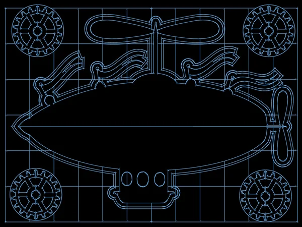 Fantasy Airship Blueprint Gears, Flags outline on grid — Stock Vector