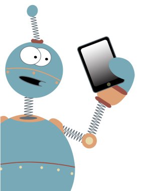 Surprised Cartoon Robot Holding Tablet clipart