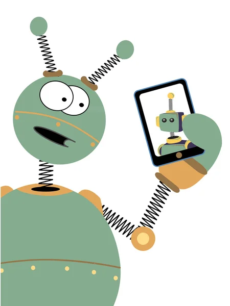 Expressive Green Robot Hold Tablet Shows Picture Another Robot Editable — Stock Vector
