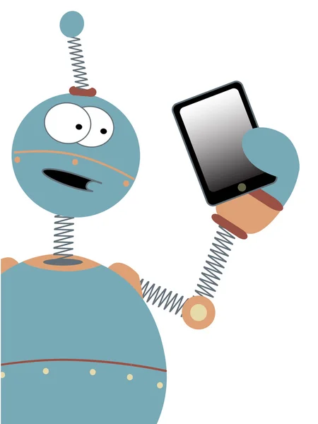 Překvapený kreslený robot držení tabletu — Stockový vektor