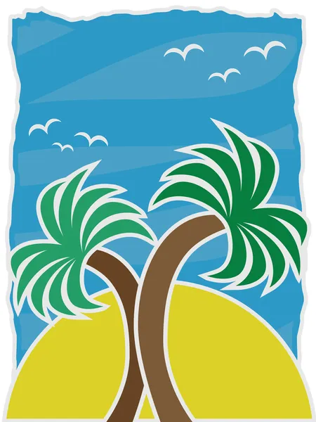Vector Illustration Twin Palms акцентированные большими солнечными птицами голубое небо — стоковый вектор