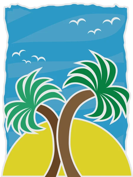 Vector illustratie twin palms geaccentueerd door grote zon vogels blauwe hemel — Stockvector