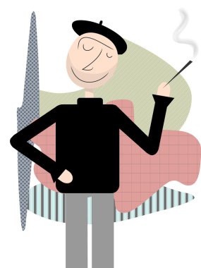 Happy Beatnik stands smoking abstract shapes backdrop clipart
