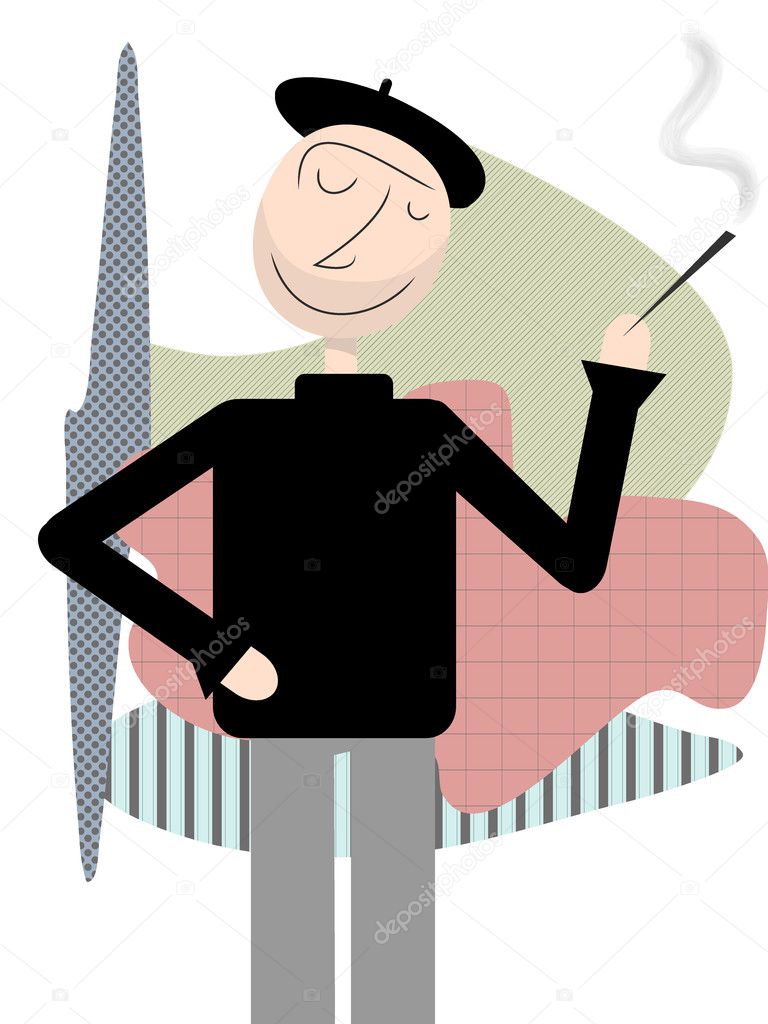 Happy Beatnik stands smoking abstract shapes backdrop