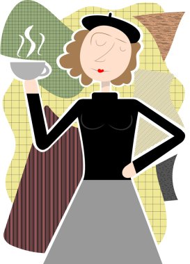 Beatnik woman holding coffee cup abstract shapes clipart