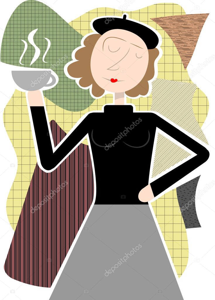 Beatnik woman holding coffee cup abstract shapes