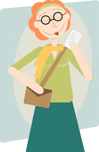 Современная женщина, наслаждающаяся мобильным телефоном, иллюстрация в стиле ретро — стоковый вектор