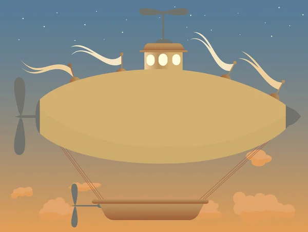 Sepia fantasy airship at dusk basket, flags retro calm — Stock Vector