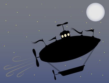 Silhouette airship soaring throw bright night full moon starry sky clipart