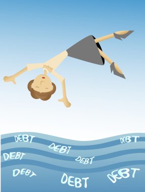 Woman falling into sea of debt clipart