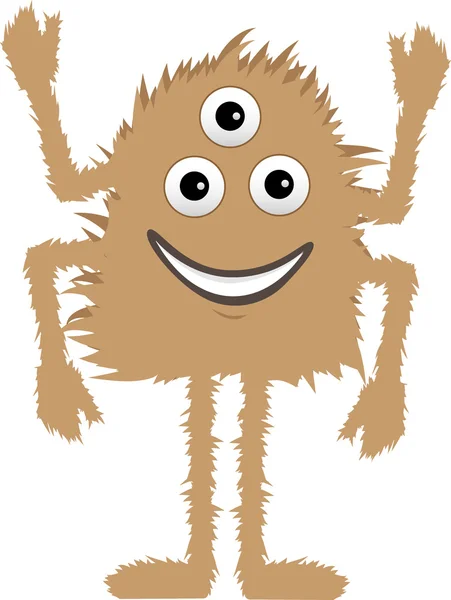 Brown Furry Monster three eyes four arms smiling — Stock Vector
