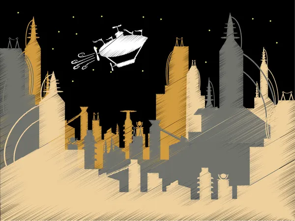 Klotter science fiction staden flygande luftskepp vektor — Stock vektor