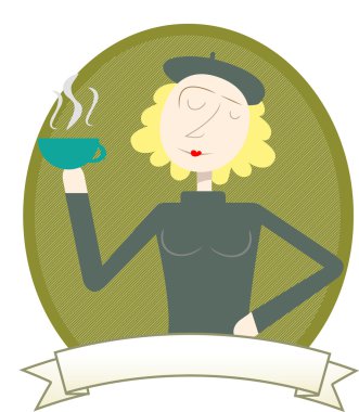 Woman in Coffee Label holding cup clipart