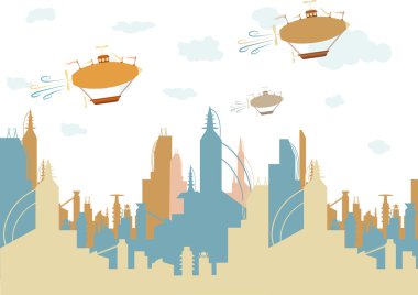 Bright Colorful future city with retro flying ships clipart