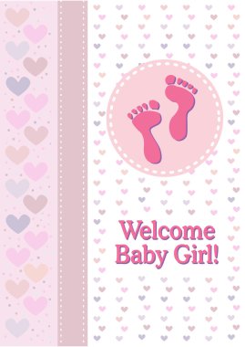 A baby girl birth announcement with footprints and hearts. clipart