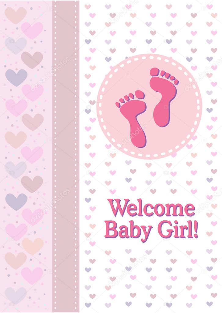 A baby girl birth announcement with footprints and hearts.