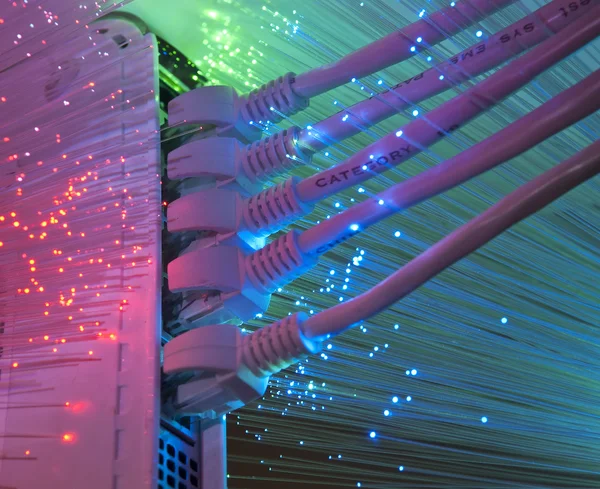 Cable de red y primer plano del hub con fondo de fibra óptica —  Fotos de Stock