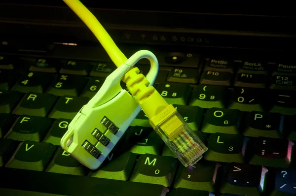 Lock och nätverks kabel med dator tangentbord bakgrund — Stockfoto