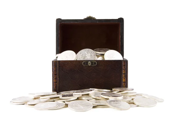Retro case full of silver coins — Stock Photo, Image