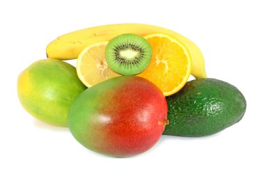 tropikal meyve, avokado, mango, papaya, muz, üzerinde beyaz izole