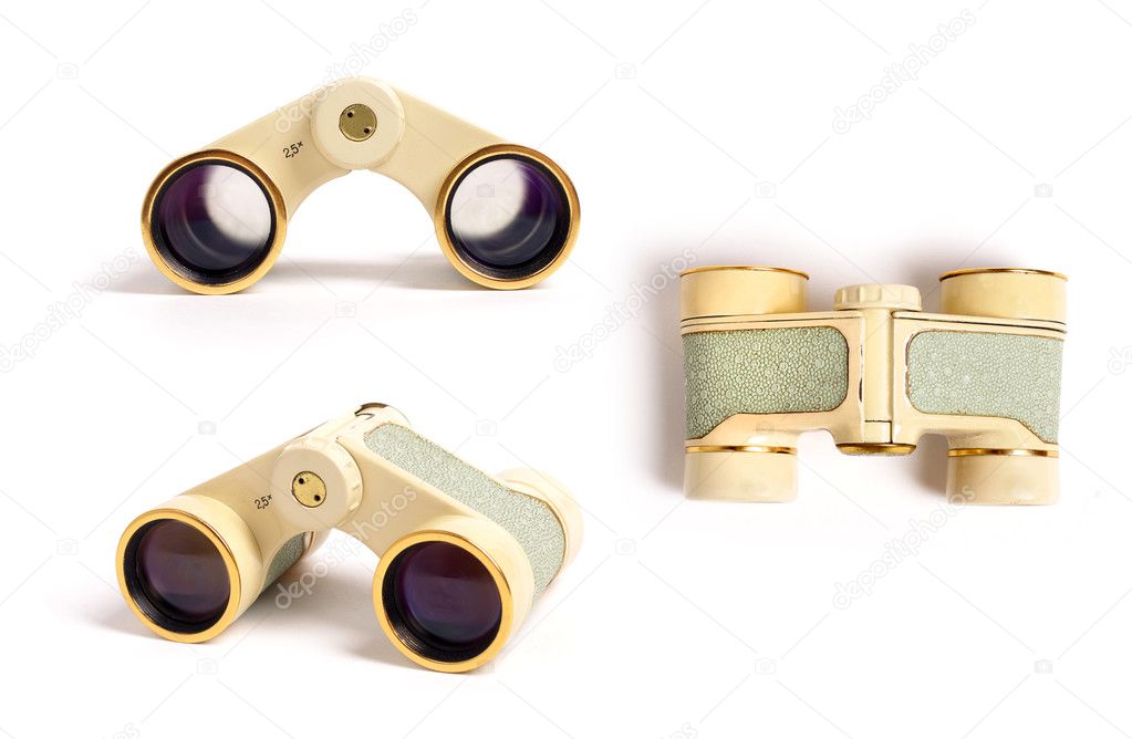 Vintage binoculars isolated on white in three viewpoint