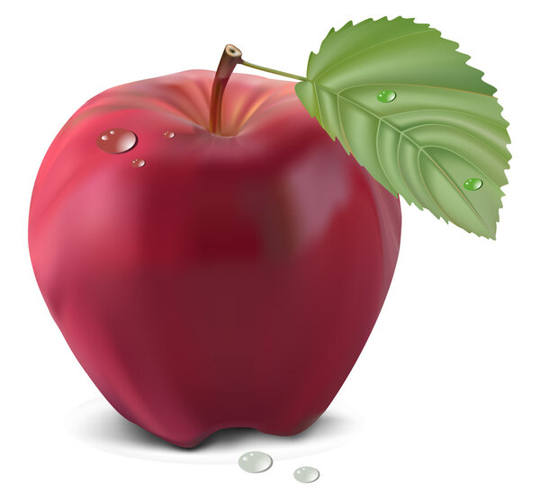 свежее красное яблоко с зеленым листом
