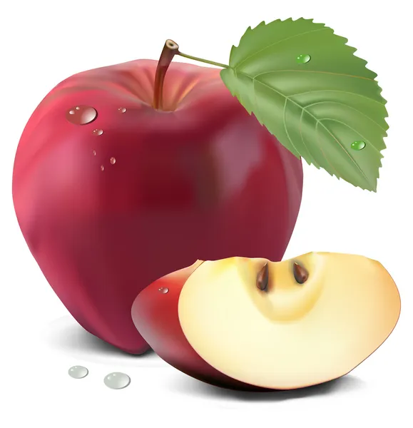Свежее красное яблоко с зеленым листом — стоковый вектор
