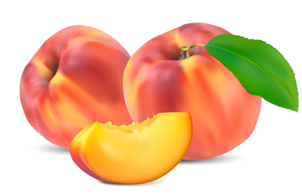 Персики с листьями и ломтиками — стоковый вектор