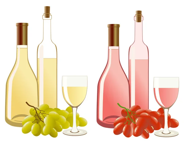 Garrafa e copo com vinho branco e uvas — Vetor de Stock