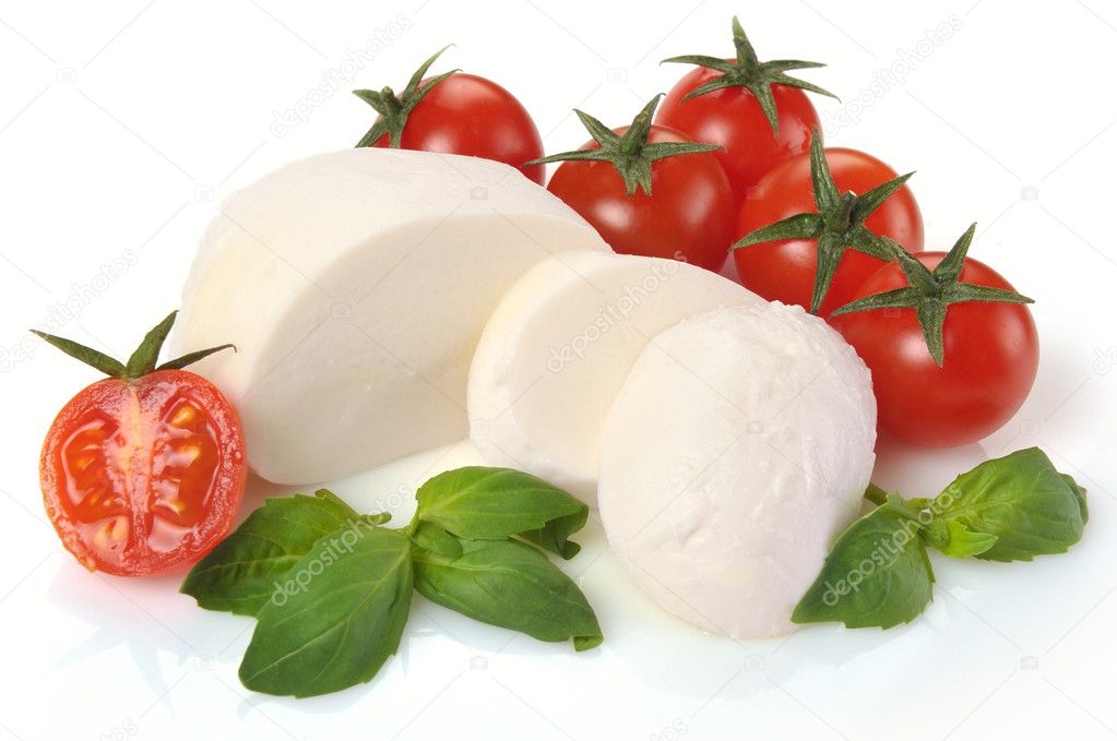 Mozzarella cherry tomatoes basil on a white background