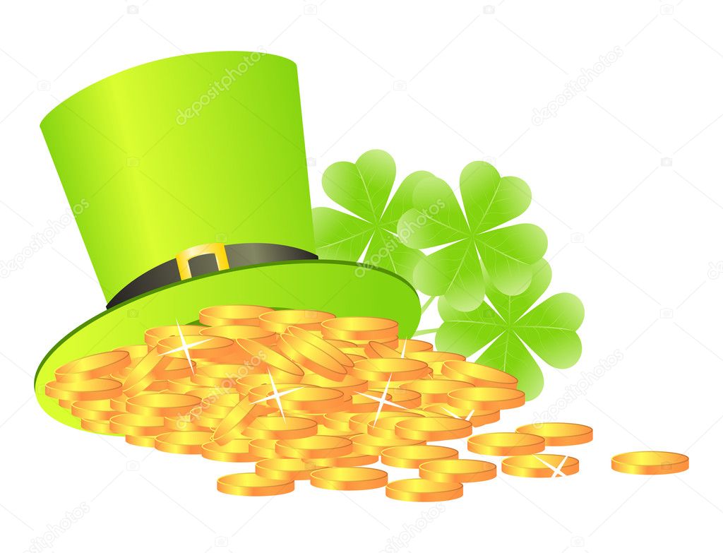Sainted Patrick's day's symbols leprechaun green hat with golden coins and shamrock