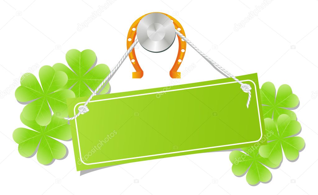 Green label on a nail with golden horseshoe and shamrock leafs. Send of luck, good desire. Isolated on a white. Vector illustration