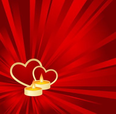 Red Valentine background with golden hearts and candle. Vector illustration. clipart