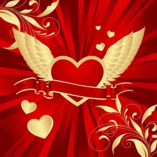 Красное Сердце Крыльями Цветочными Украшениями Векторная Иллюстрация — стоковый вектор