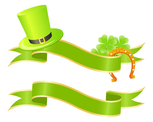 Two green placards with clovers and golden lucky horseshoe