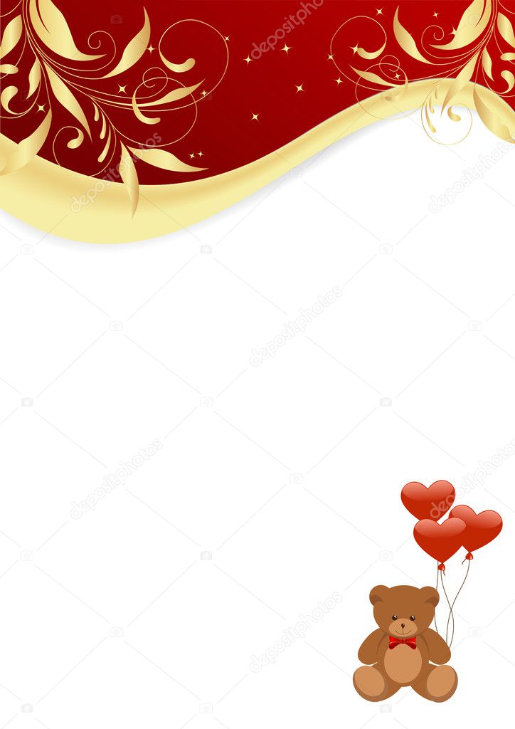 Letter with teddy bear, balls and golden floral patterrn. Vector illustration.