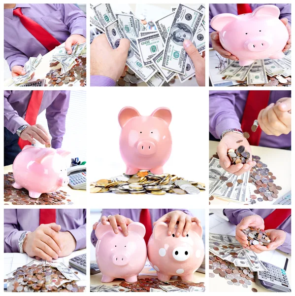 Empresario Sosteniendo Banco Cerdos Rosados Éxito — Foto de Stock