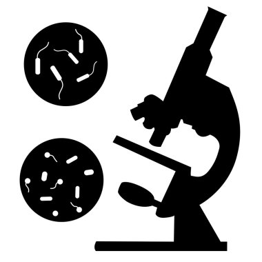 Black medical microscope and bacterium on a white background