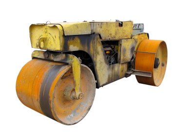 Old rusty yellow road roller isolated over white clipart