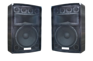 Two old powerfull concerto audio speakers isolated on white clipart