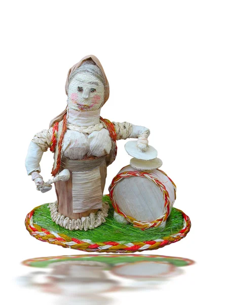 Handwork statuette of a woman with drum isolated over white — Stock Photo, Image