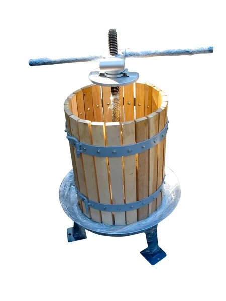 Hand grapes wine press isolated over white — Stock Photo, Image