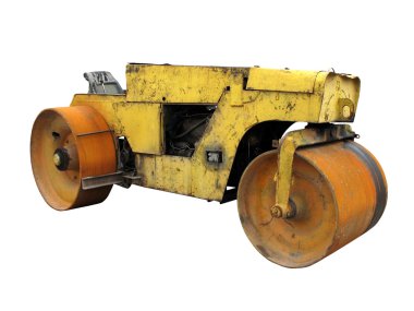 Old rusty yellow road roller isolated over white clipart