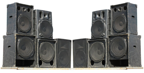 Old powerful stage concerto audio speakers isolated on white